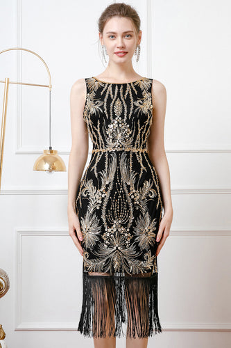 Glitzernd Schwarz Gold Pailletten Bodycon 20er Jahre Kleid mit Fransen