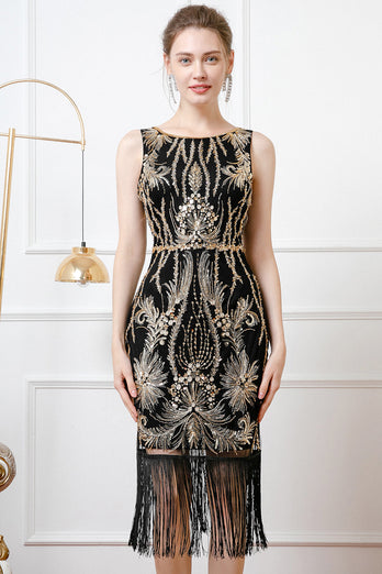 Glitzernd Schwarz Gold Pailletten Bodycon 20er Jahre Kleid mit Fransen