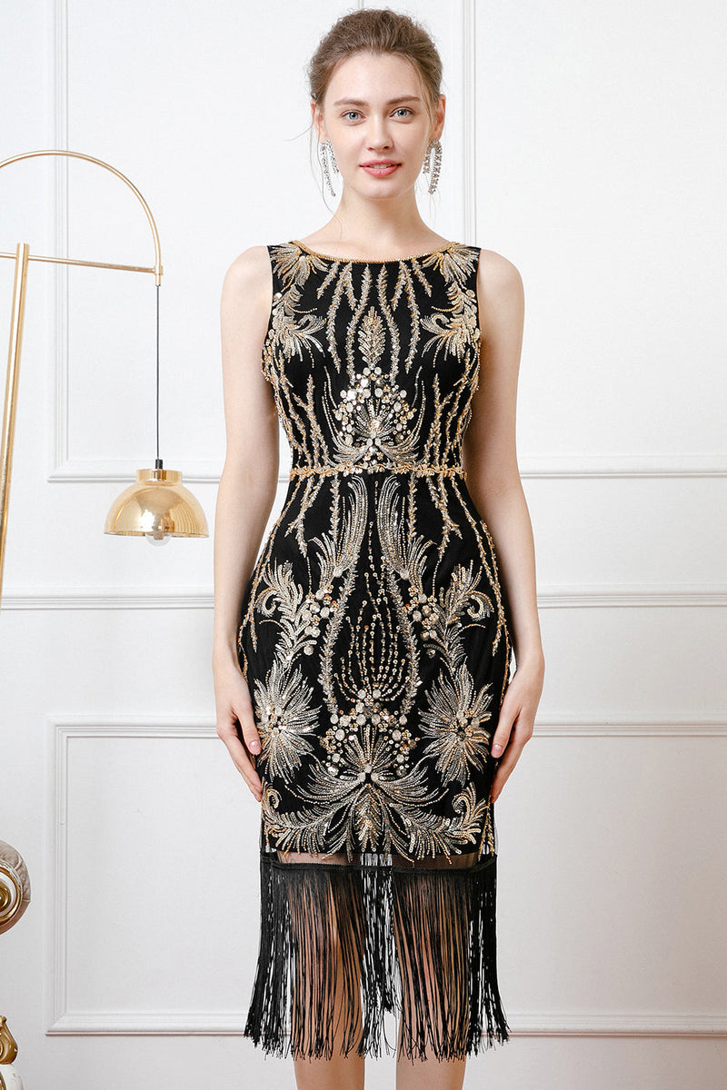 Laden Sie das Bild in den Galerie-Viewer, Glitzernd Schwarz Gold Pailletten Bodycon 20er Jahre Kleid mit Fransen
