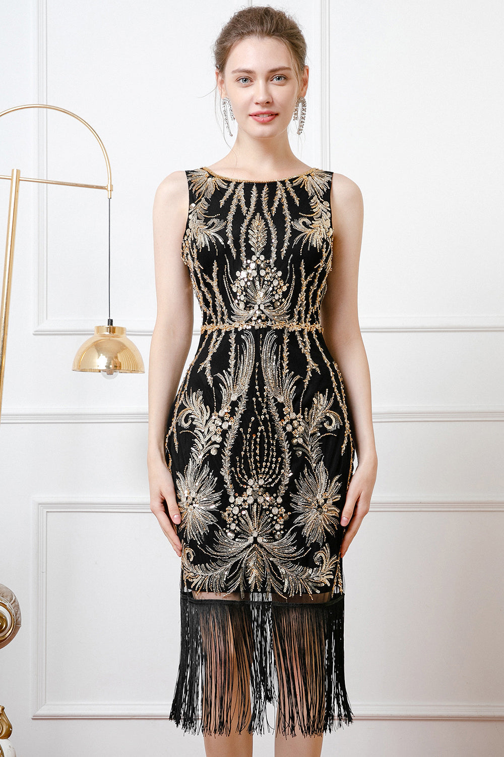 Glitzernd Schwarz Gold Pailletten Bodycon 20er Jahre Kleid mit Fransen