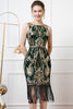 Laden Sie das Bild in den Galerie-Viewer, Glitzernd Schwarz Gold Pailletten Bodycon 20er Jahre Kleid mit Fransen