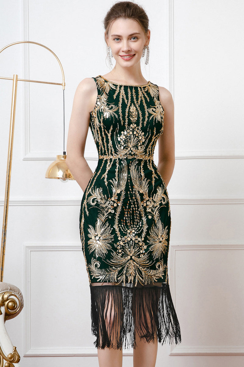Laden Sie das Bild in den Galerie-Viewer, Glitzernd Schwarz Gold Pailletten Bodycon 20er Jahre Kleid mit Fransen