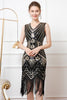 Laden Sie das Bild in den Galerie-Viewer, Glitzernd Schwarz Gold Pailletten V Ausschnitt 20er Jahre Kleid mit Fransen
