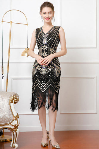 Glitzernd Schwarz Gold Pailletten V Ausschnitt 20er Jahre Kleid mit Fransen