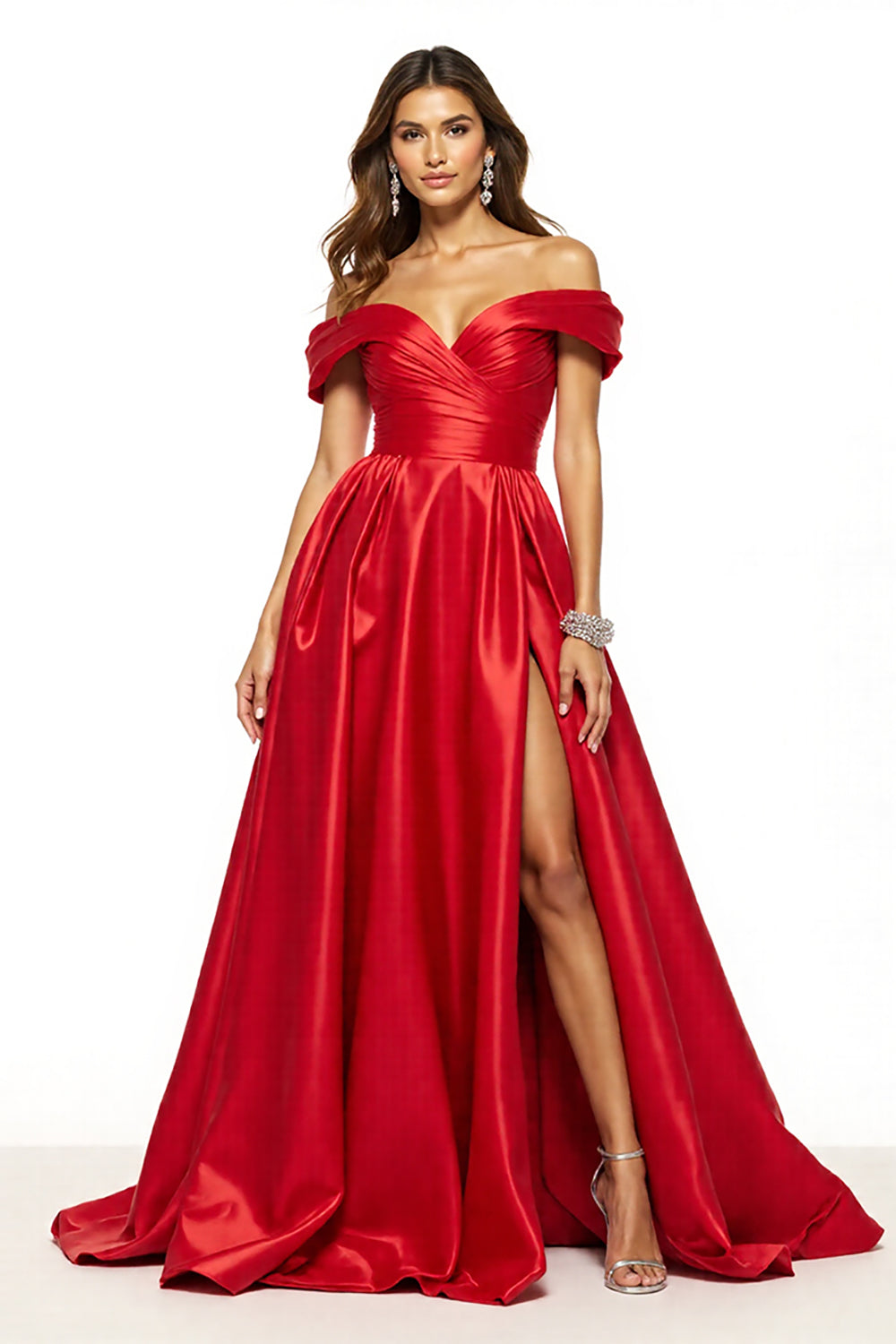 A Linie Rot Schulterfreie Satin Lange Abiballkleider mit Schlitz
