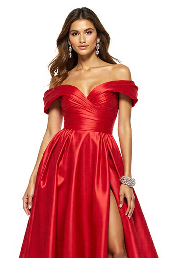 A Linie Rot Schulterfreie Satin Lange Abiballkleider mit Schlitz