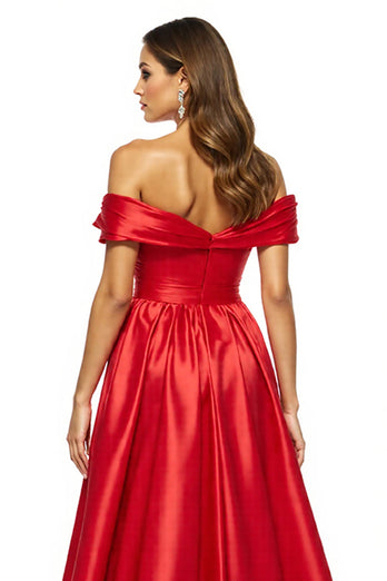 A Linie Rot Schulterfreie Satin Lange Abiballkleider mit Schlitz
