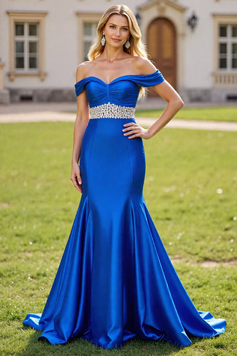 Glitzer Royal Blau Meerjungfrau Lange Satin Abiballkleider mit Perlen