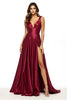 Laden Sie das Bild in den Galerie-Viewer, Satin Bordeaux V-Ausschnitt A Linie Lange Abiballkleid mit Schlitz