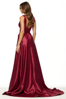 Laden Sie das Bild in den Galerie-Viewer, Satin Bordeaux V-Ausschnitt A Linie Lange Abiballkleid mit Schlitz