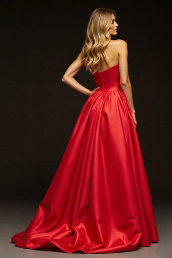Rot Herz-Ausschnitt A Linie Lange Satin Abiballkleid mit Schlitz