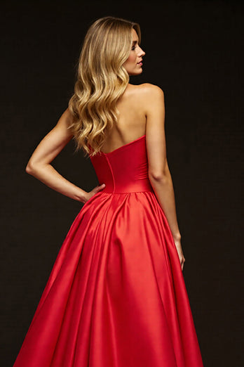 Rot Herz-Ausschnitt A Linie Lange Satin Abiballkleid mit Schlitz