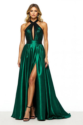 Dunkelgrün Schlüsselloch A Linie Neckholder Lange Satin Abiballkleid mit Schlitz