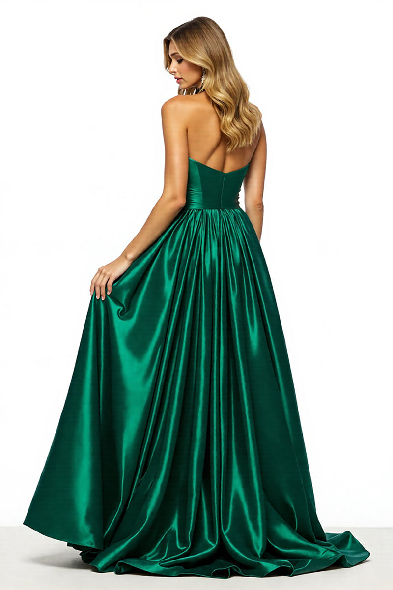 Laden Sie das Bild in den Galerie-Viewer, Dunkelgrün Schlüsselloch A Linie Neckholder Lange Satin Abiballkleid mit Schlitz
