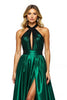 Laden Sie das Bild in den Galerie-Viewer, Dunkelgrün Schlüsselloch A Linie Neckholder Lange Satin Abiballkleid mit Schlitz