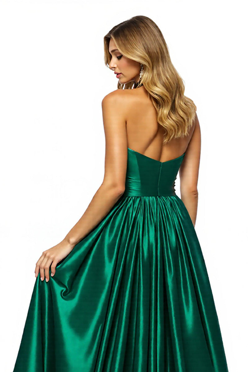 Laden Sie das Bild in den Galerie-Viewer, Dunkelgrün Schlüsselloch A Linie Neckholder Lange Satin Abiballkleid mit Schlitz
