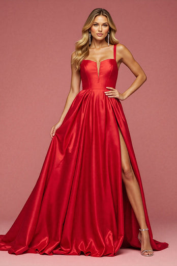 A Linie Rot Satin Lange Abiballkleid mit Schlitz