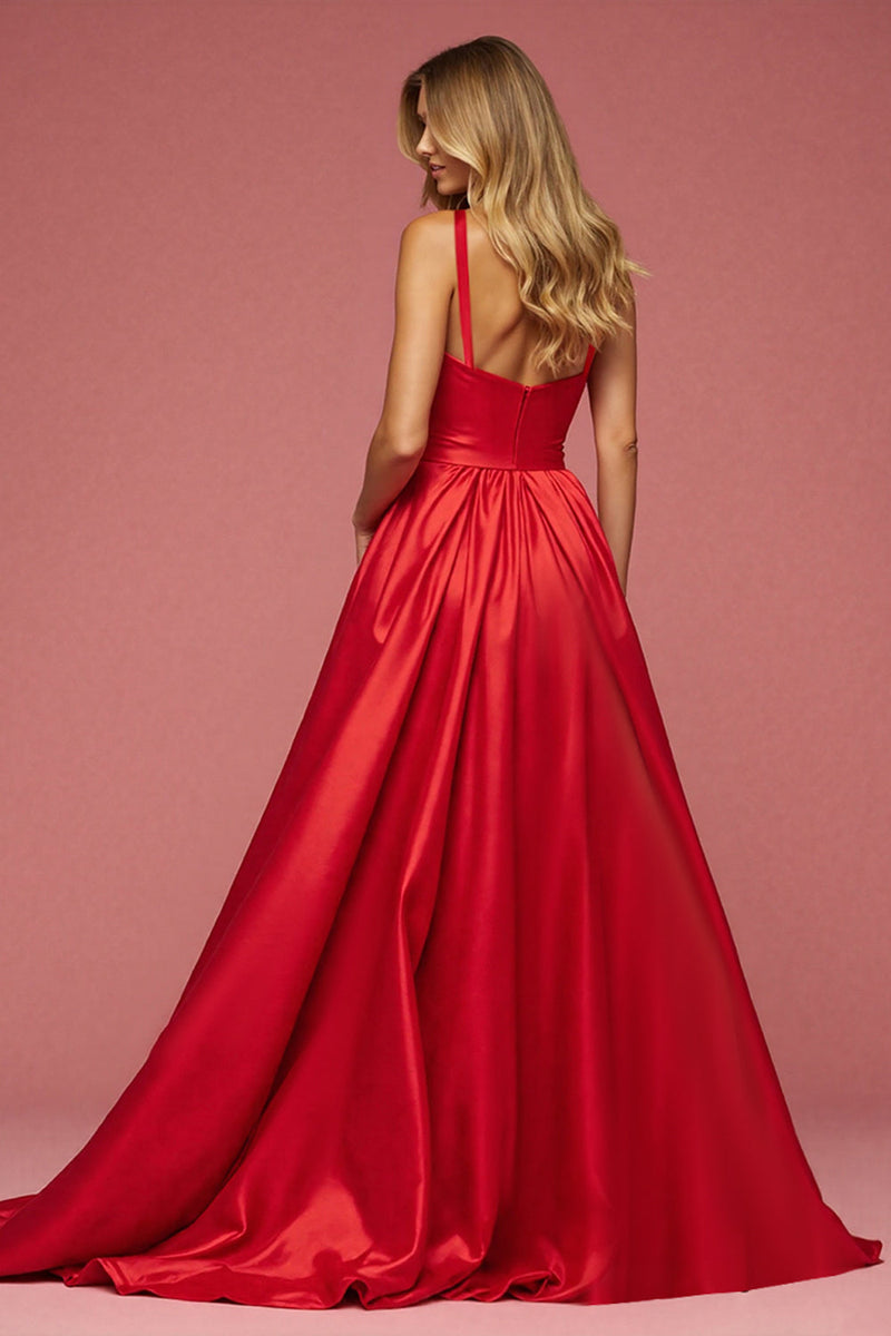 Laden Sie das Bild in den Galerie-Viewer, A Linie Rot Satin Lange Abiballkleid mit Schlitz