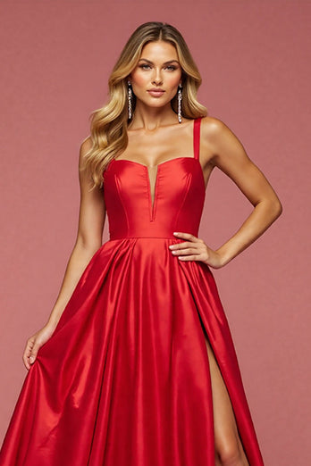 A Linie Rot Satin Lange Abiballkleid mit Schlitz