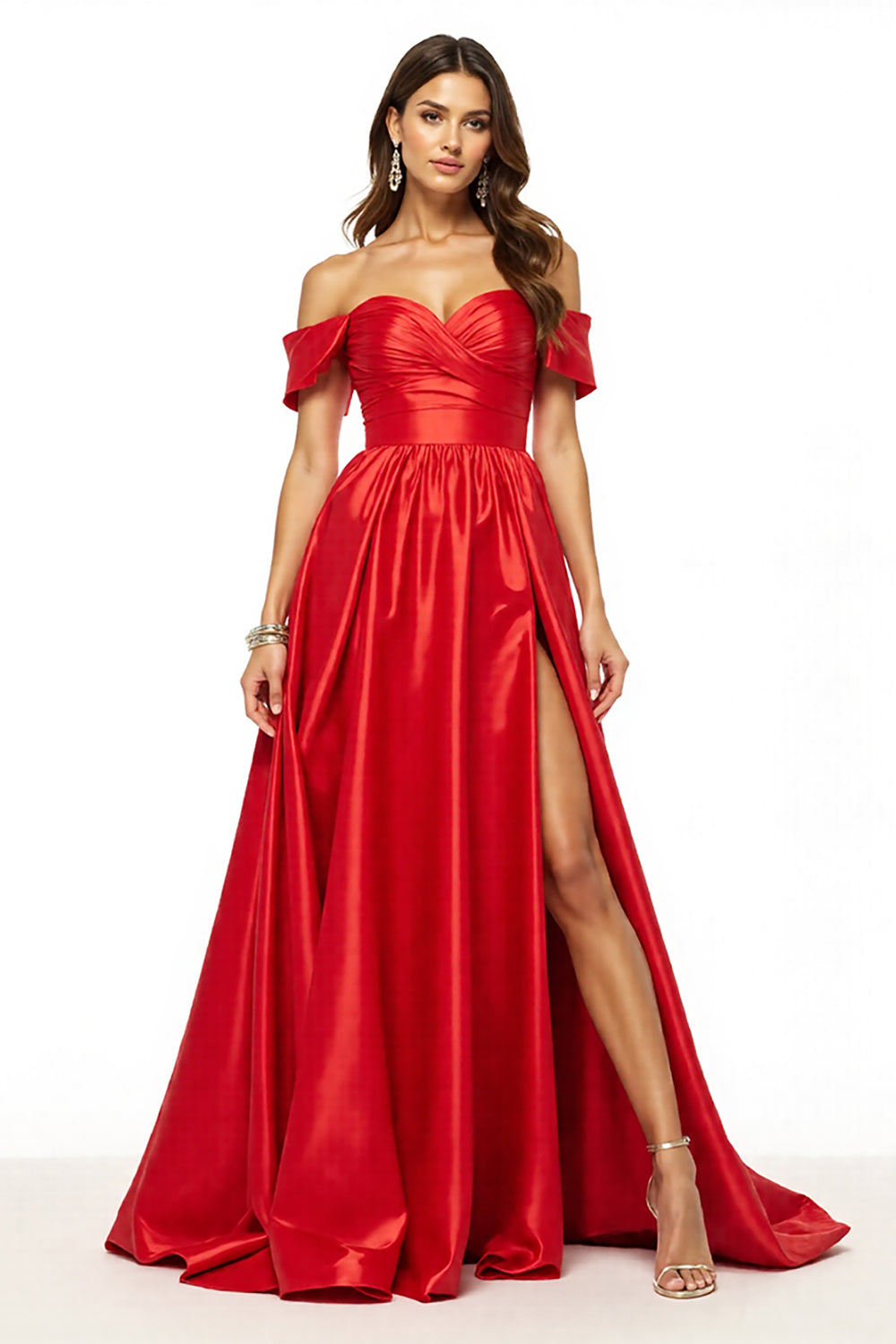 Satin Rot Schulterfreie Lange A Linie Abiballkleider mit Schlitz