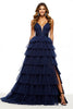 Laden Sie das Bild in den Galerie-Viewer, Marineblau V-Ausschnitt A Linie Lange Tüll Abiballkleid mit Schlitz