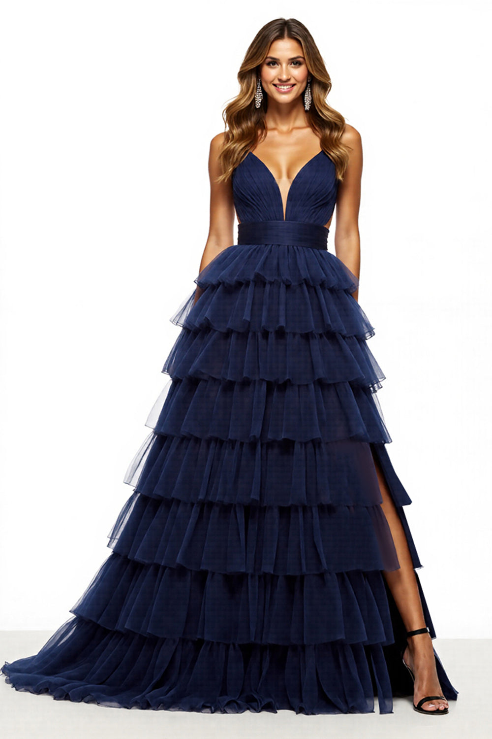 Marineblau V-Ausschnitt A Linie Lange Tüll Abiballkleid mit Schlitz