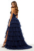 Laden Sie das Bild in den Galerie-Viewer, Marineblau V-Ausschnitt A Linie Lange Tüll Abiballkleid mit Schlitz