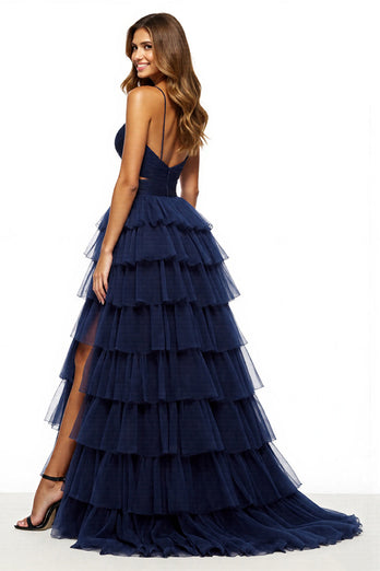 Marineblau V-Ausschnitt A Linie Lange Tüll Abiballkleid mit Schlitz
