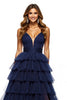 Laden Sie das Bild in den Galerie-Viewer, Marineblau V-Ausschnitt A Linie Lange Tüll Abiballkleid mit Schlitz