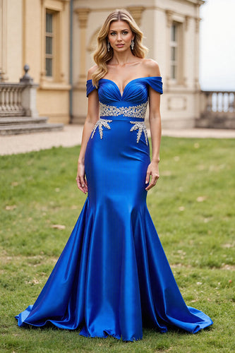 Glitzer Royal Blau Meerjungfrau Satin Lange Abiballkleider mit Perlen