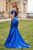 Laden Sie das Bild in den Galerie-Viewer, Glitzer Royal Blau Meerjungfrau Satin Lange Abiballkleider mit Perlen