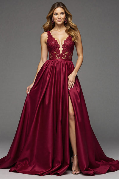 Bordeaux Tiefer V-Ausschnitt Satin A Linie Lange Abiballkleider mit Spitze