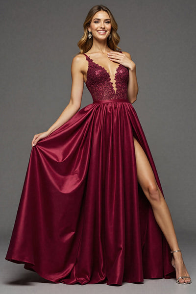 Bordeaux A Linie V-Ausschnitt Lange Satin Abiballkleider mit Schlitz