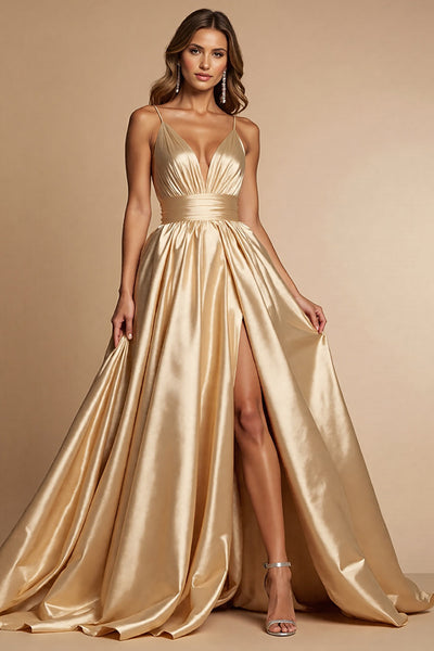 Golden A Linie Spaghettiträger Lange Satin Abiballkleid mit Schlitz