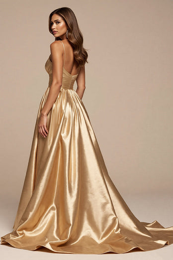 Golden A Linie Spaghettiträger Lange Satin Abiballkleid mit Schlitz