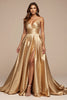 Laden Sie das Bild in den Galerie-Viewer, Golden A Linie Spaghettiträger Lange Satin Abiballkleid mit Schlitz