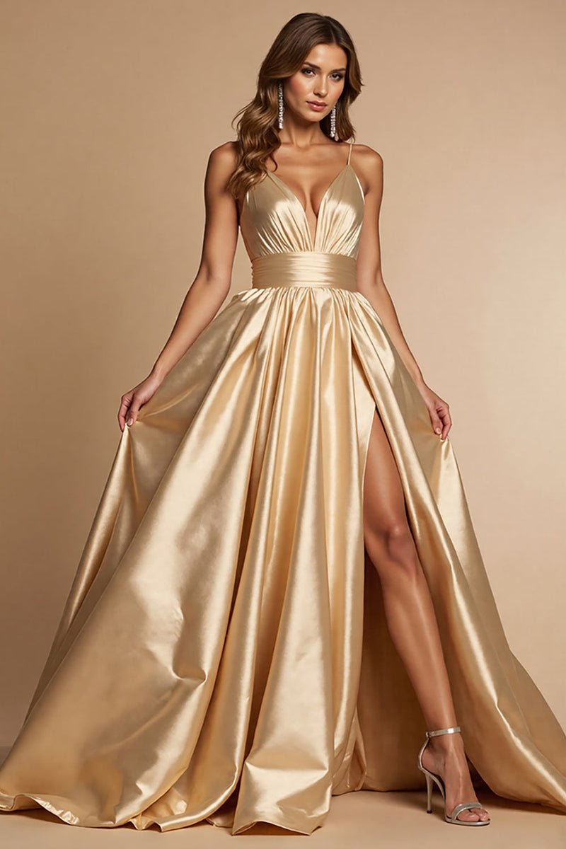 Laden Sie das Bild in den Galerie-Viewer, Golden A Linie Spaghettiträger Lange Satin Abiballkleid mit Schlitz