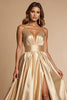 Laden Sie das Bild in den Galerie-Viewer, Golden A Linie Spaghettiträger Lange Satin Abiballkleid mit Schlitz