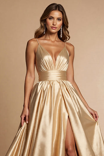 Golden A Linie Spaghettiträger Lange Satin Abiballkleid mit Schlitz