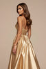 Laden Sie das Bild in den Galerie-Viewer, Golden A Linie Spaghettiträger Lange Satin Abiballkleid mit Schlitz