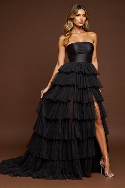 Schwarz Tüll A Linie Lange Lagen Abiballkleid mit Schlitz