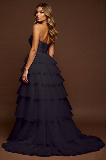 Schwarz Tüll A Linie Lange Lagen Abiballkleid mit Schlitz