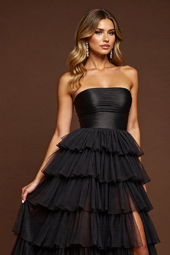 Schwarz Tüll A Linie Lange Lagen Abiballkleid mit Schlitz