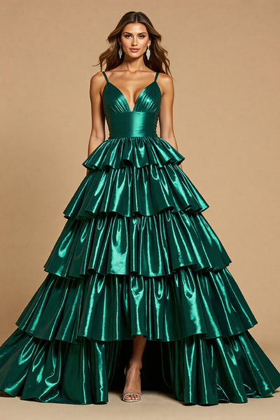 Dunkelgrün A Linie Lagen Lange Satin Abiballkleid
