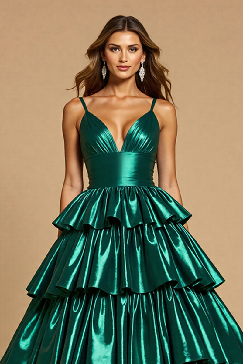 Laden Sie das Bild in den Galerie-Viewer, Dunkelgrün A Linie Lagen Lange Satin Abiballkleid