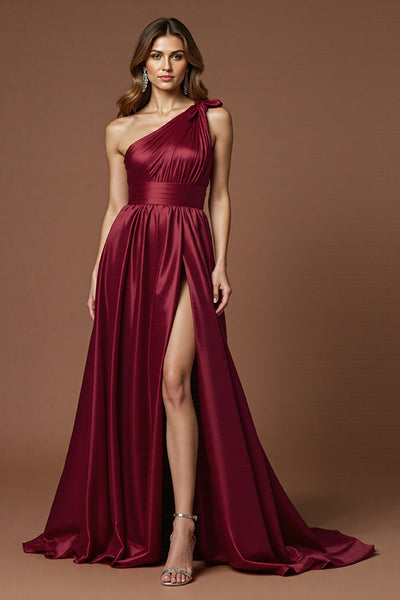 Bordeaux A Linie Eine Schulter Lange Satin Abiballkleid mit Schlitz