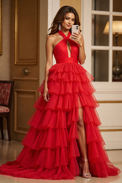 Rot A Linie Tüll Neckholder Lange Abiballkleid mit Schlitz