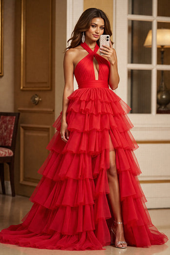 Rot A Linie Tüll Neckholder Lange Abiballkleid mit Schlitz