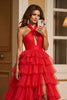 Laden Sie das Bild in den Galerie-Viewer, Rot A Linie Tüll Neckholder Lange Abiballkleid mit Schlitz