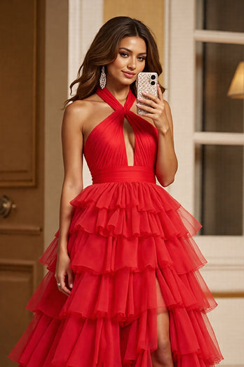 Rot A Linie Tüll Neckholder Lange Abiballkleid mit Schlitz